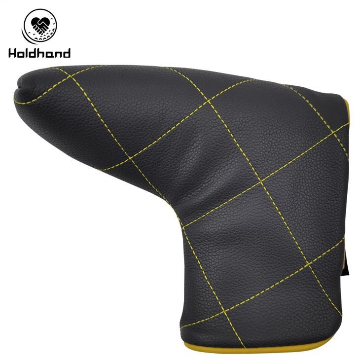 Penutup Putter Golf Kulit PU Hitam Dengan Penutup Putter Dalam Flanel Lembut Jahitan Kuning