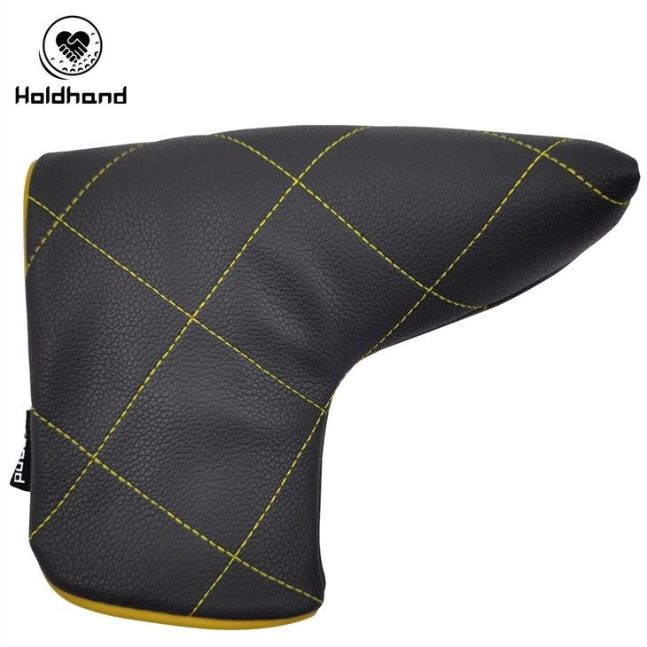 Black PU Leather Golf Putter Cover With Yellow Stitching Soft Flannel Inside Putter Cover
